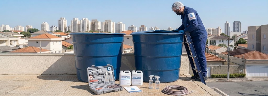 Profissional realizando Imunização e Desinfecção Bacteriológica de Caixas D'água em Indaial
